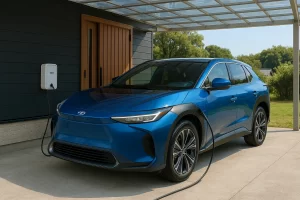 家の前のカーポートでbZ4XにV2HのEVコンセントがささっている様子