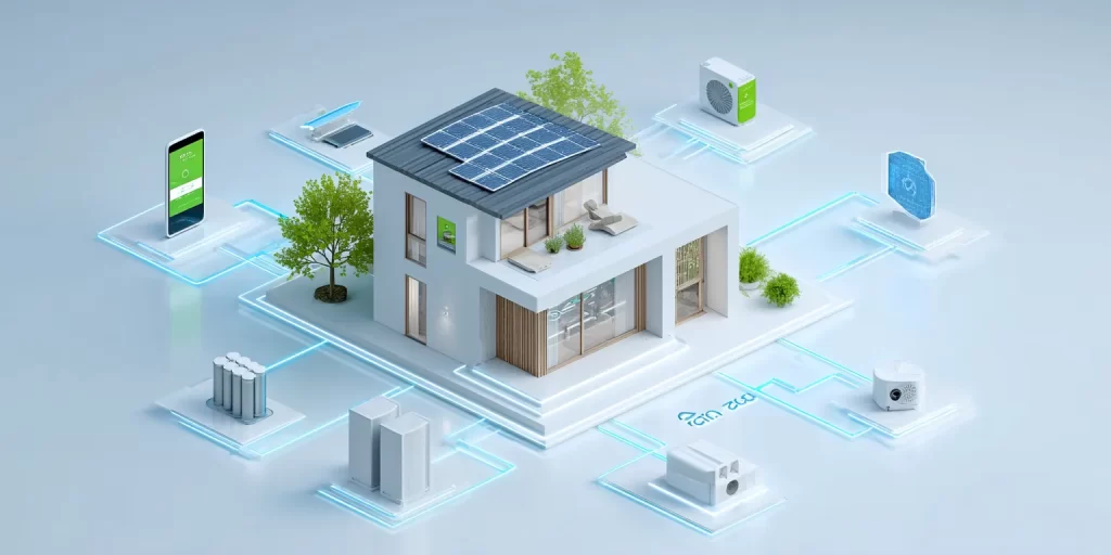 家を中心に、エアコン、太陽光、蓄電池などがネットワークで繋がっているデジタルな相関図。