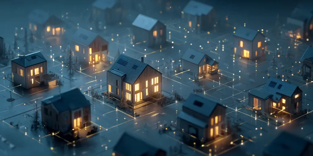 スマートグリッドで繋がった近未来的な街並みと、デジタルなエネルギーネットワーク。