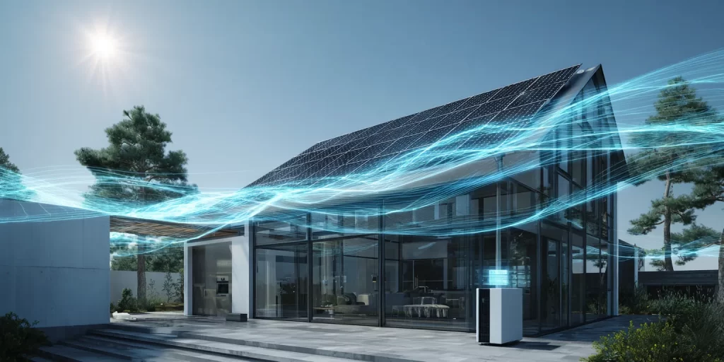 太陽光パネルの載った家を俯瞰し、エネルギーが蓄電池や家電にスムーズに流れているクリーンなイメージ。