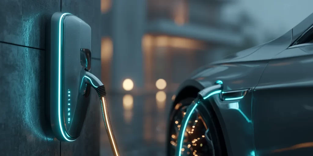 ガレージに設置されたスタイリッシュなV2H充放電器と、そこに接続されたEVのコネクタ部分のアップ。デジタルな光のラインが家へと伸びている。