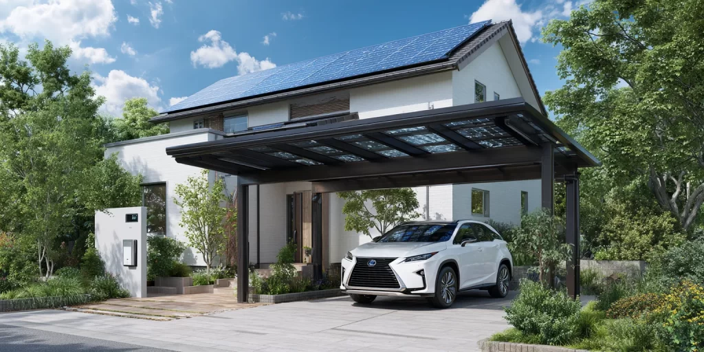 晴天の下、屋根いっぱいの太陽光パネルと、家の前に停まったEV。エネルギーが家の中に循環しているような爽やかな風景｡